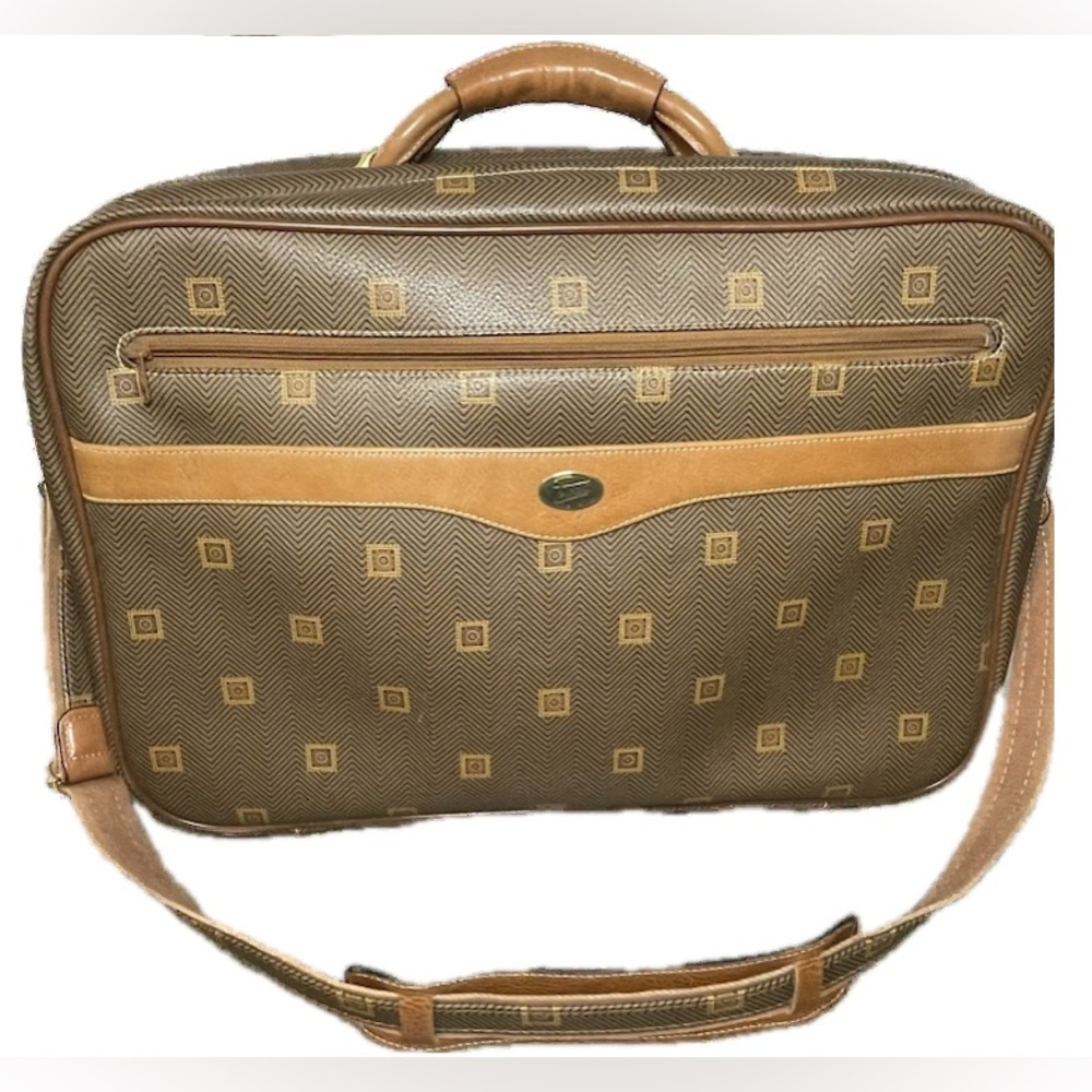 VTG French Texier Gladstone Luggage Herringbone Cowhide Leather & Coated Canvas